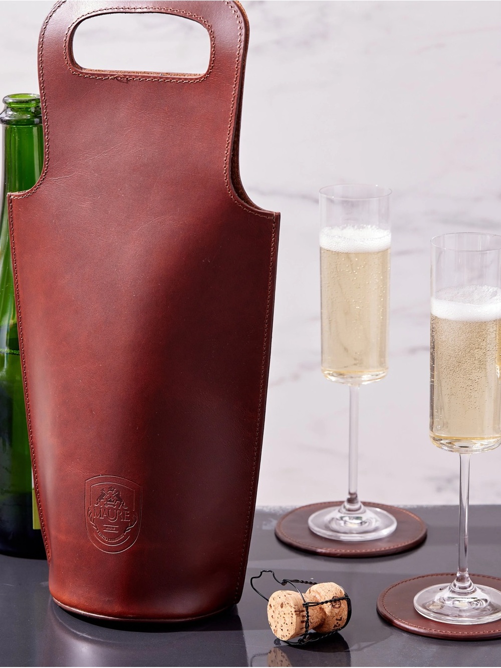 Maure Italian Leather Wine Tote & Coaster Set